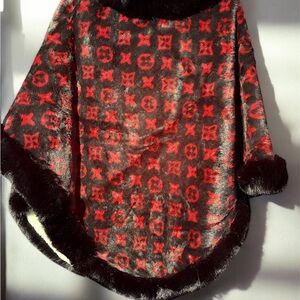 Red and Black Faux Fur Trim Women's Sweater Poncho